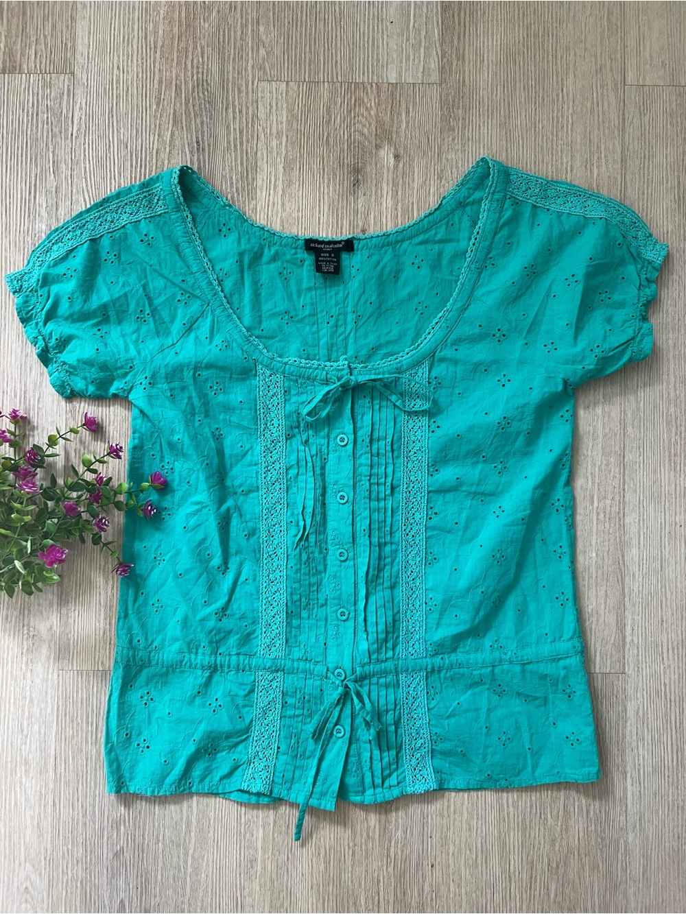 Richard Malcolm Cotton Feminine Cottagecore Eyelet Turquoise Aqua Tie Blouse